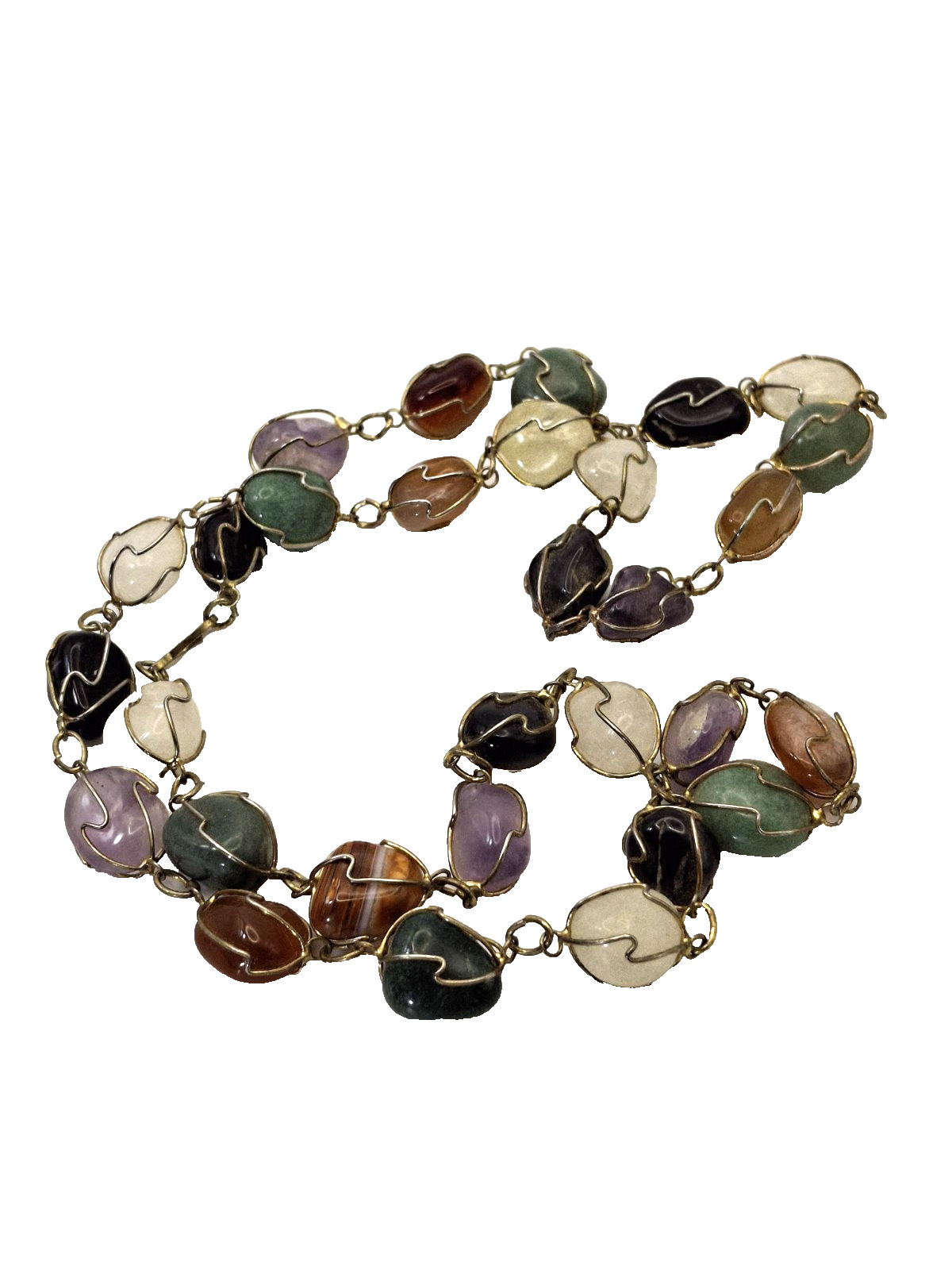 Vintage Necklace Wire Wrapped Natural Semi-Precious Caged Stones Naturecore 26″
