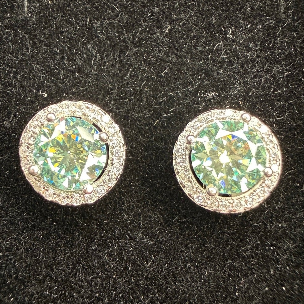 Solid 925 Sterling Silver Green Moissanite Halo Pushback Earrings 9.7mm