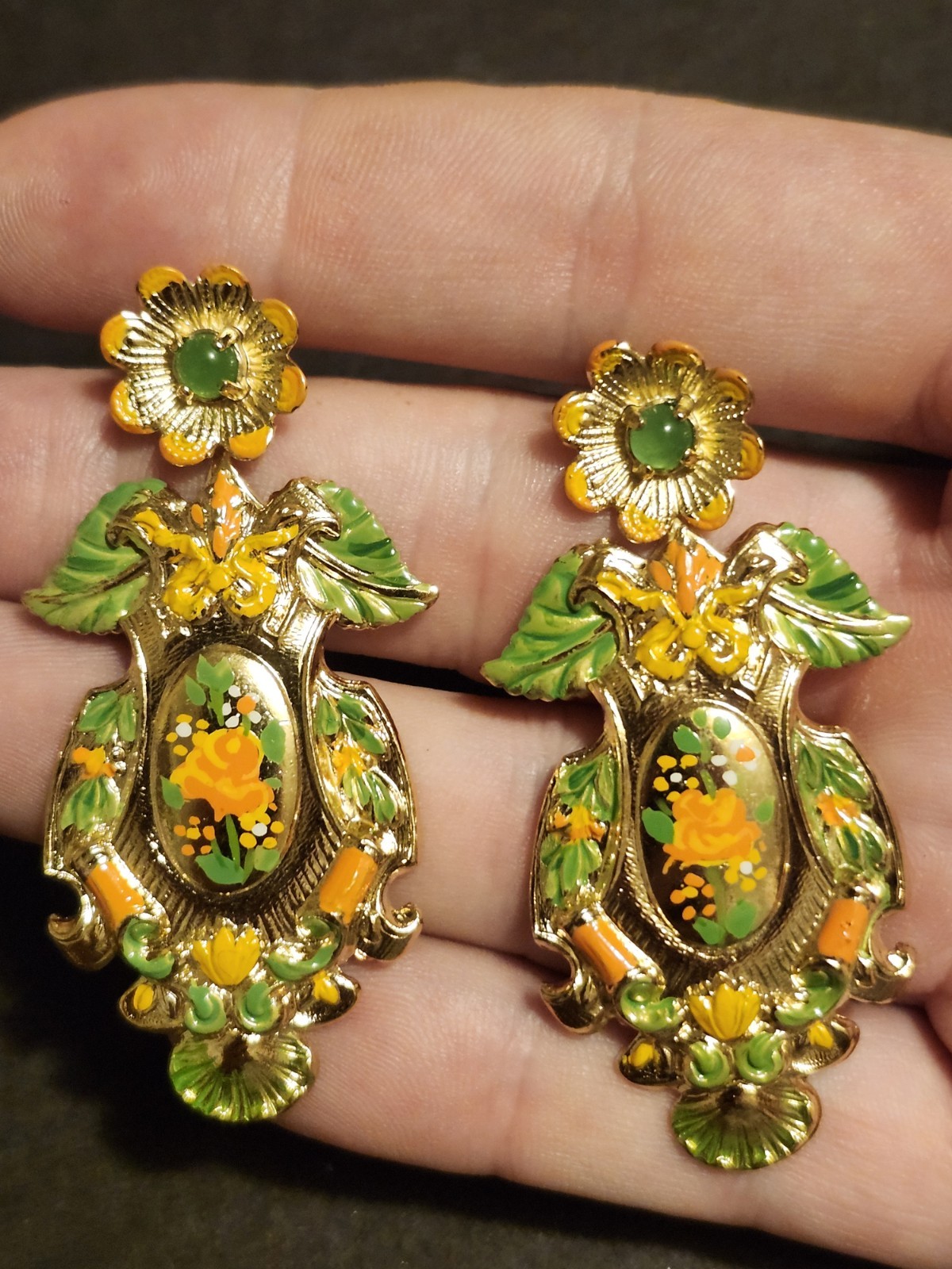 Vintage Zoe Coste Made In France Gold Tone Floral Motif Dangle Earrings