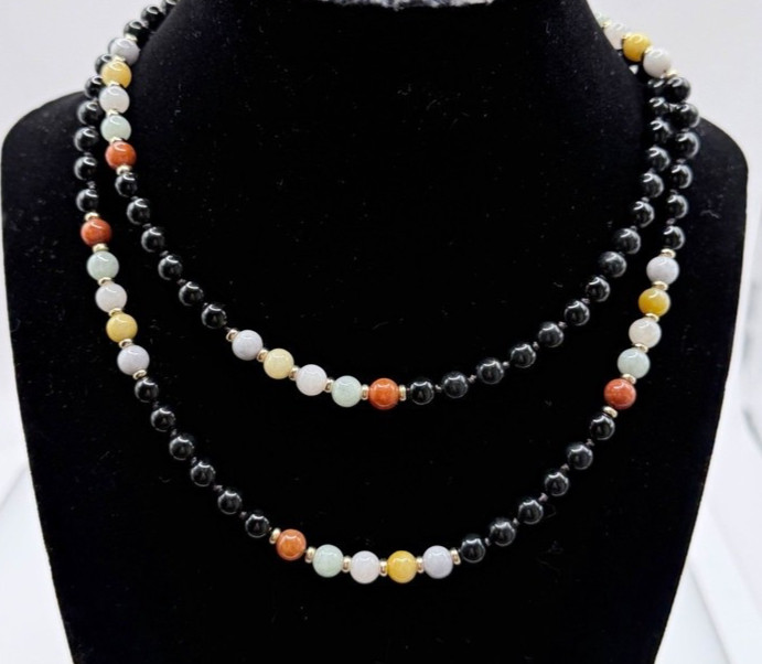 14K Gold Spacer 32” Vintage Nephrite Jade Hand Knotted Multicolor Necklace 8mm