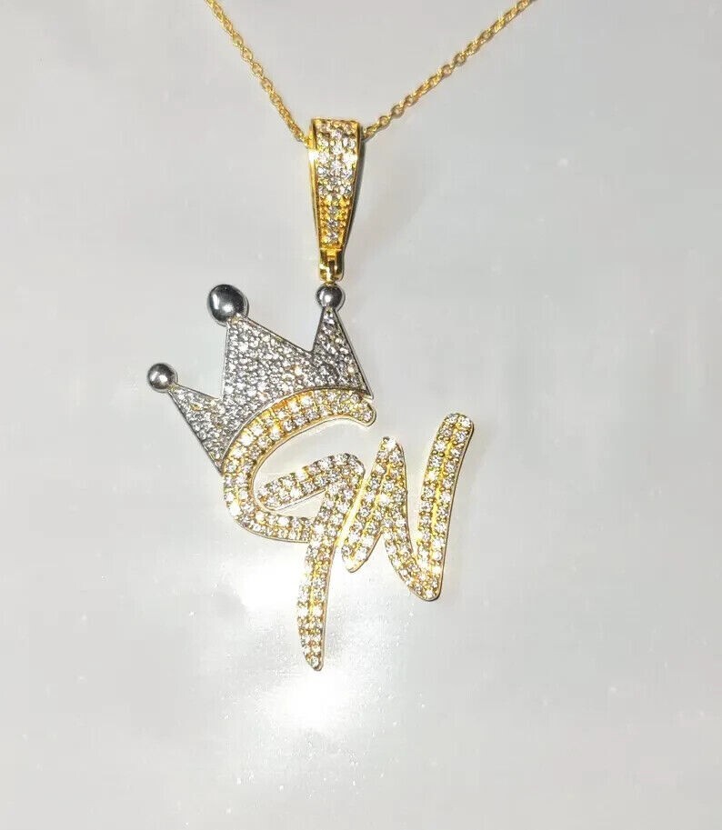 2Ct Round Cut Simulated Diamon Crown Letter Crown Pendant 14K Yellow Gold Plated