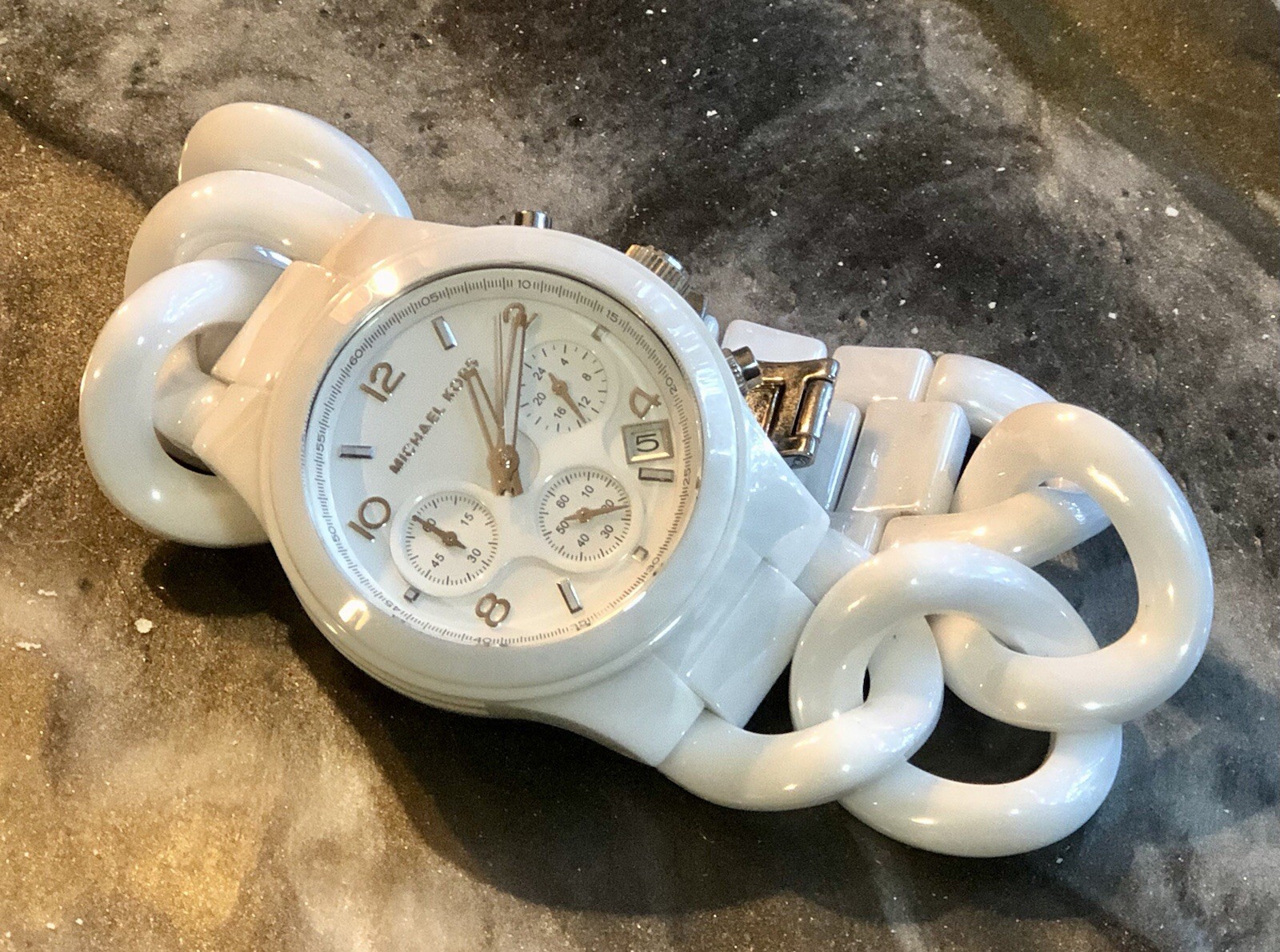 ✨🤍 NOS STUNNING Early MICHAEL KORS White CERAMIC Chain Link Bracelet Watch🤍✨