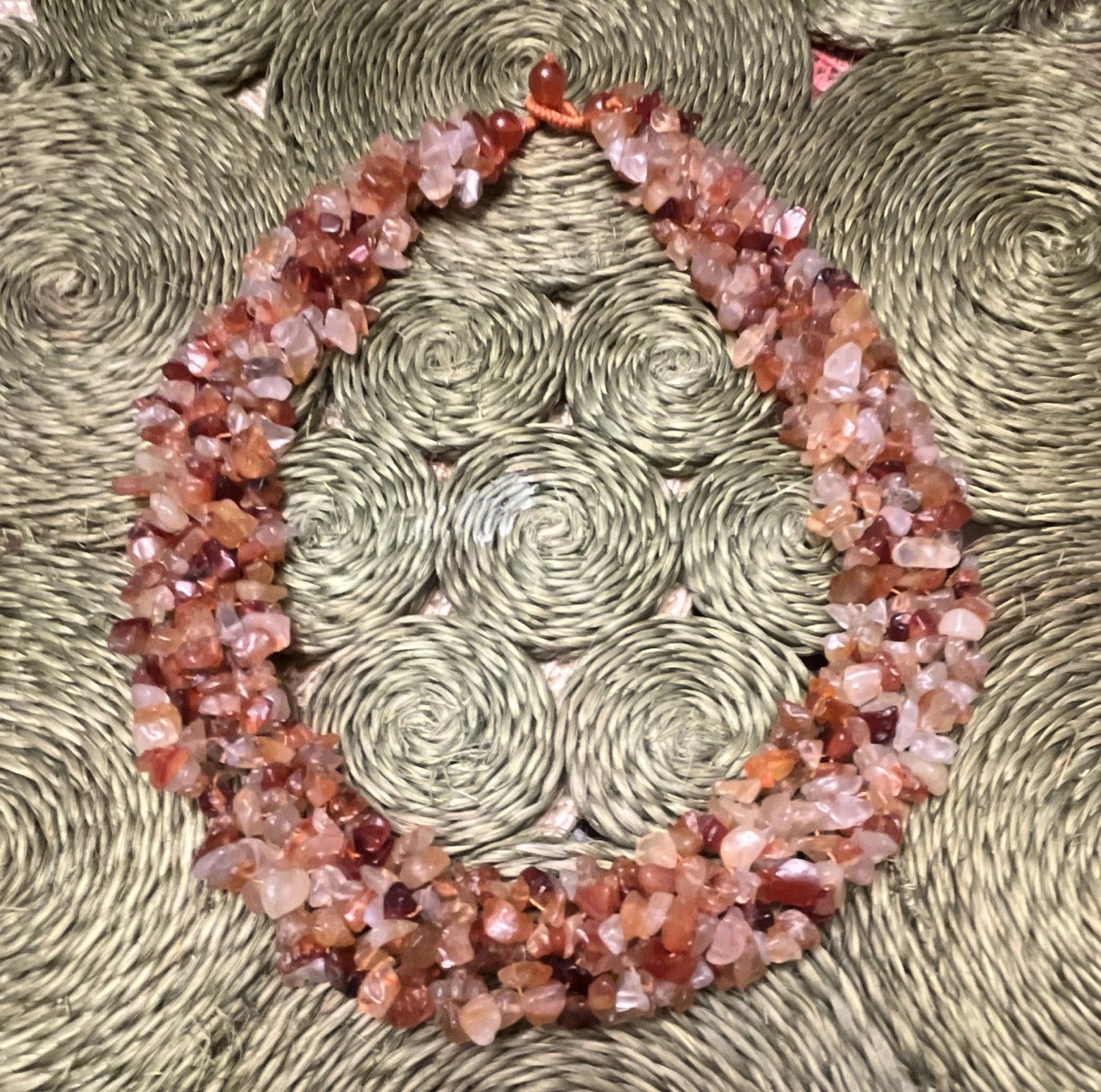 Pink Carnelian Stone Weave Bead Necklace- Beaded Ball/Loop clasp