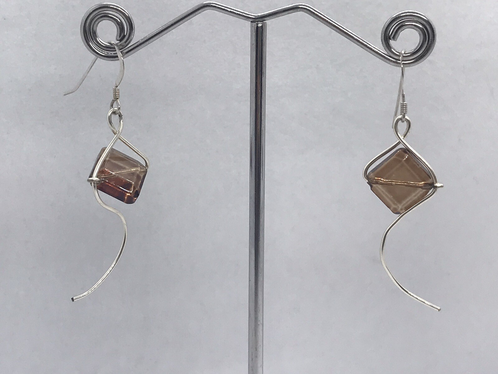 Sterling Silver 925 Rhombus Brown Glass & Wire Art earrings Kite Like