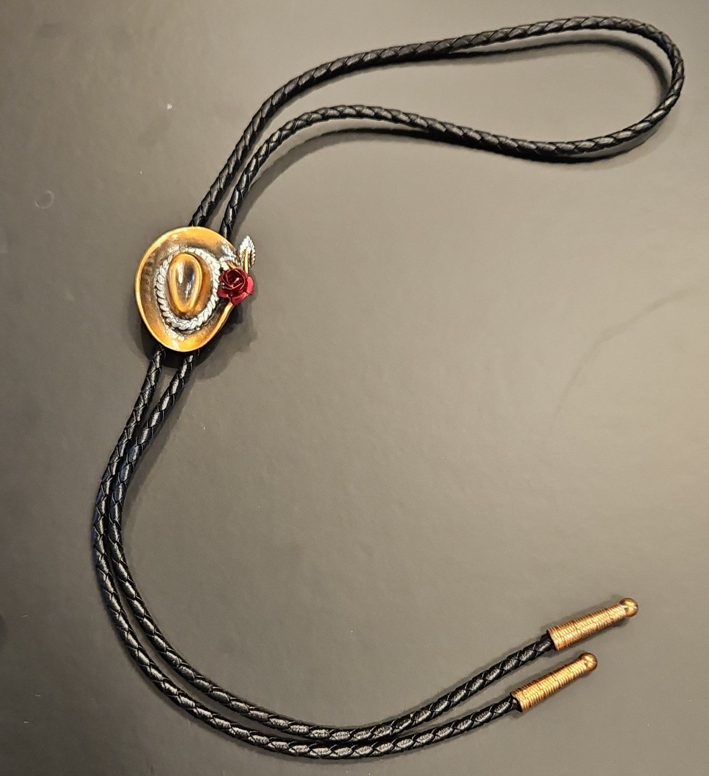 Boll & Rowe Men’s Western Bolo Tie Black Leather Cord Gold Tone Hat Slide
