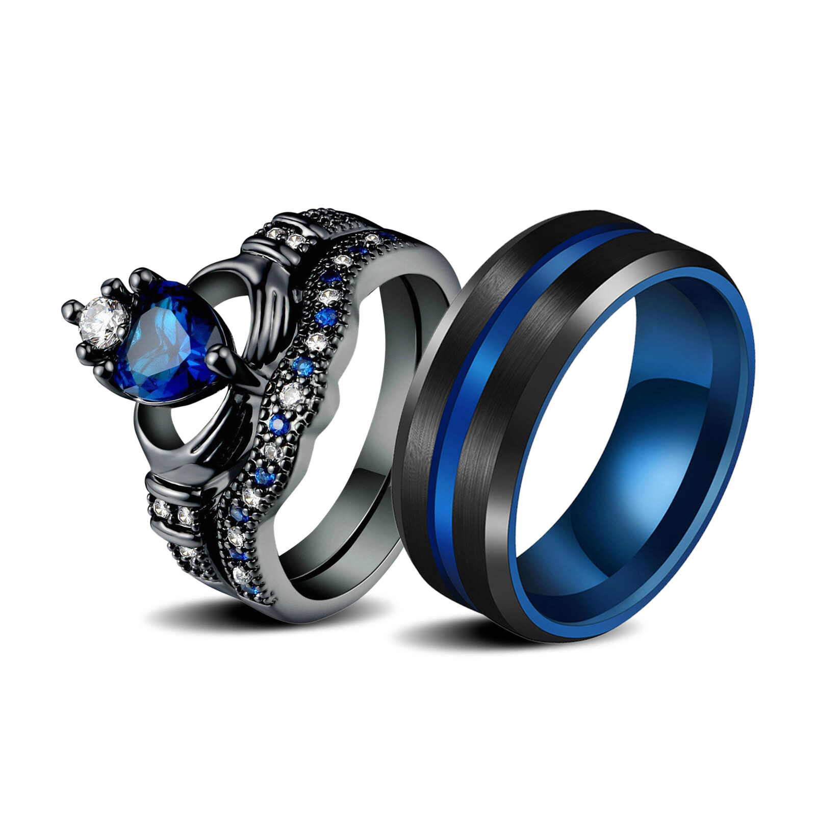 2pcs His&Hers Couple Ring Set Heart Cubic Zirconia Stainless Steel Wedding Band