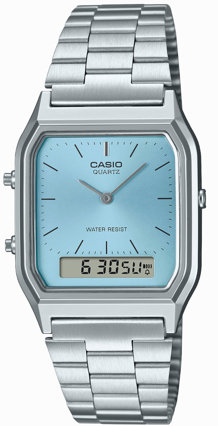 Casio AQ-230A-2A1MQY Vintage Ana-Digi Unisex Watch Light Blue Dial Steel Band WR