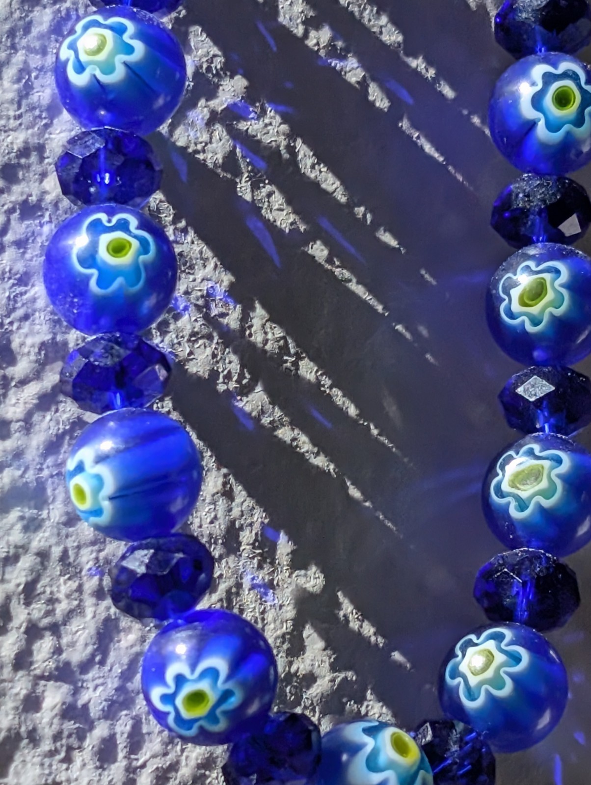 Vintage Cobalt Blue Millefiori Art Glass Flower Bead Bracelet Faceted Rondelle