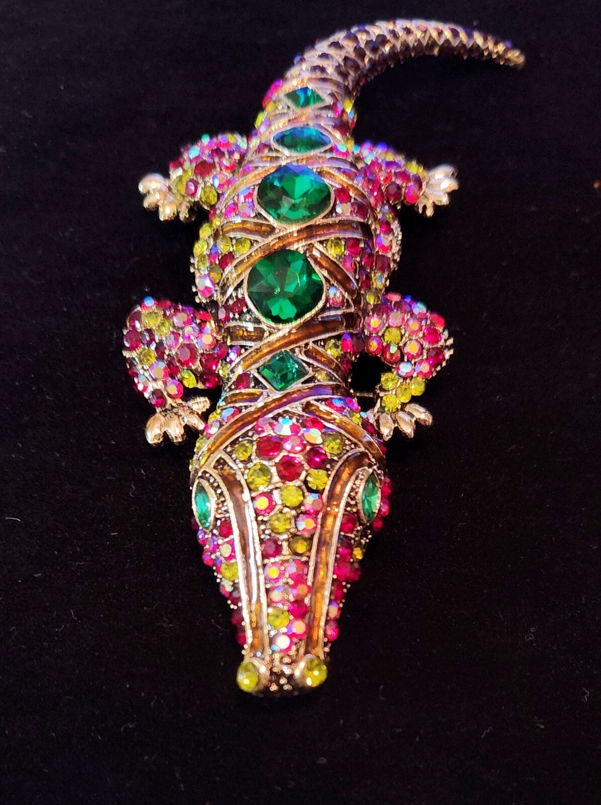 Giant & BEAUTIFUL RHINESTONE & ENAMEL Alligator /Crocodile BROOCH PIN 5.5″ x 2″