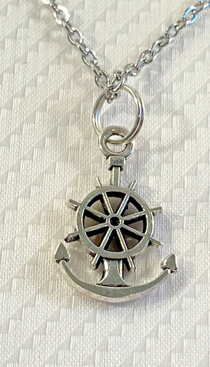 Ships Wheel Anchor Silver SM Pendant Necklace 18” Stainless Nautical NEW