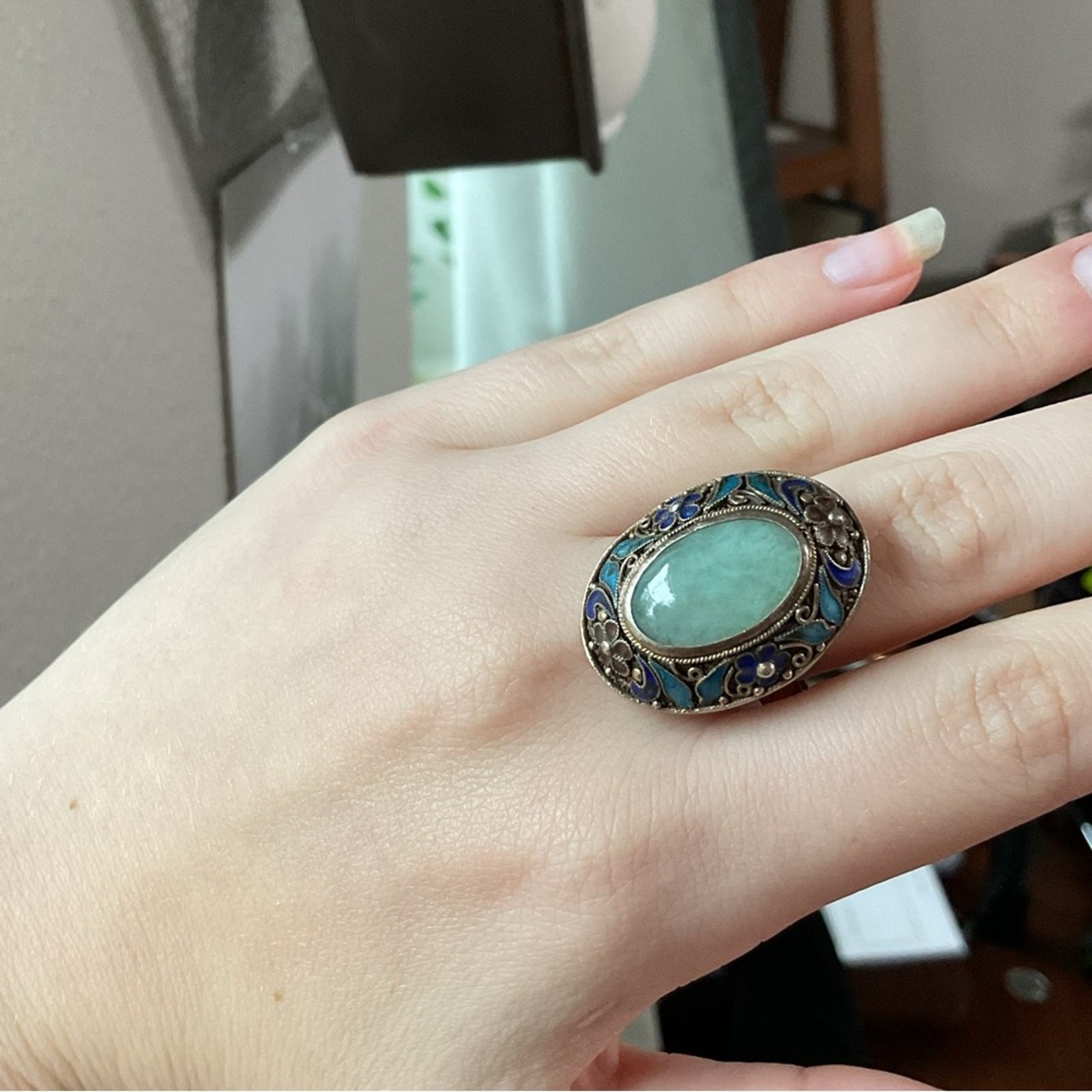 Vintage Chinese Export Jade Enamel Floral Adjustable Ring