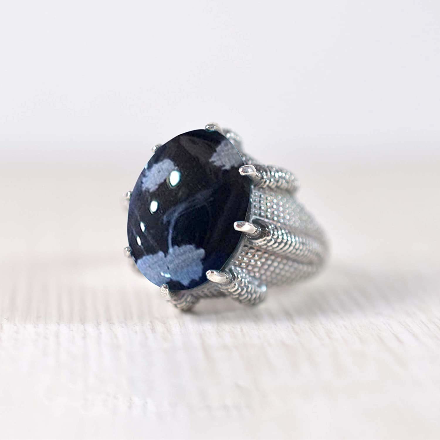 Solid 925 Sterling Silver AA Snowflake Obsidian Oval Gemstone Men’s Unisex Ring