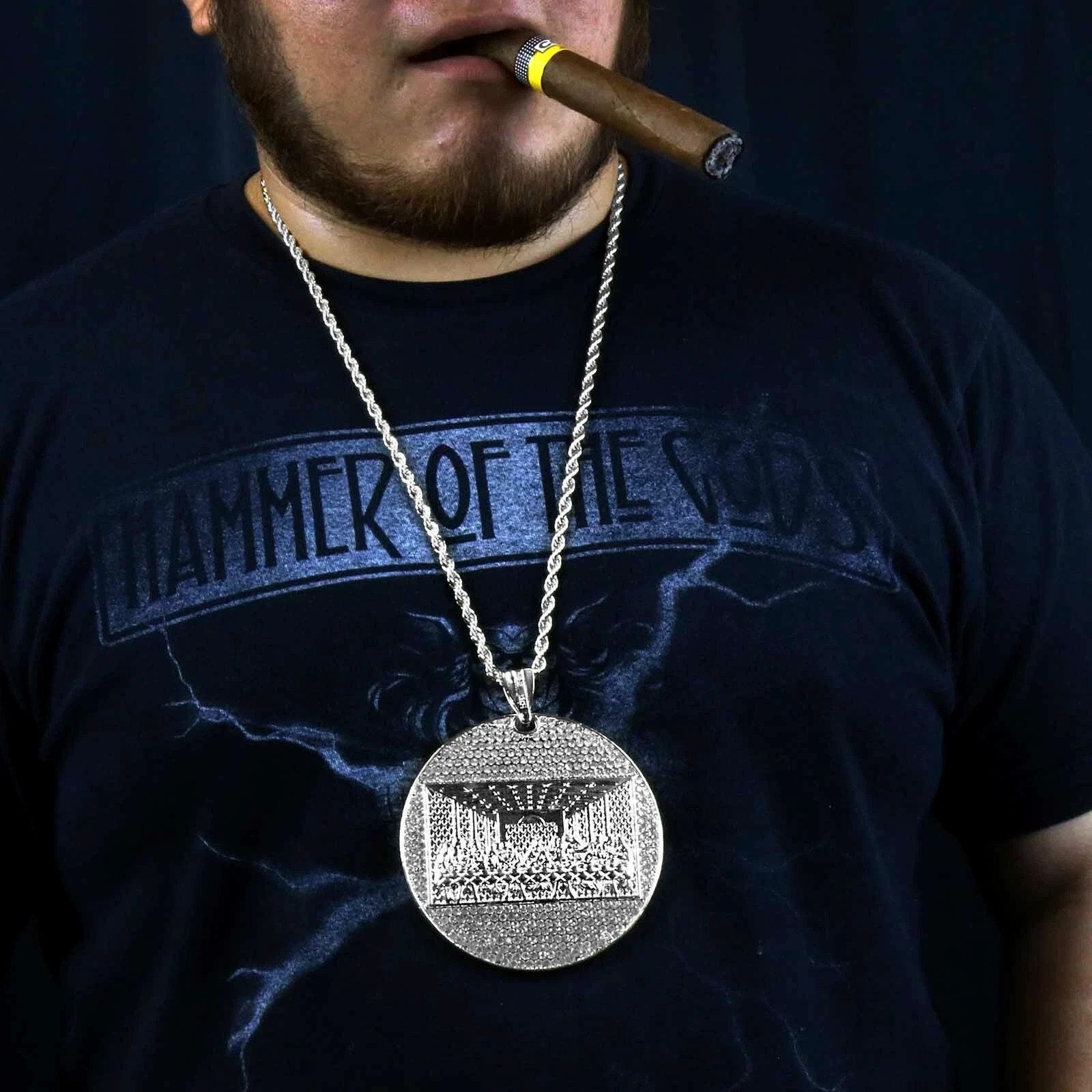 925 Silver Plated ” Huge LAST SUPPER” Pendant Cubic Zirconia 30″ Rope Chain