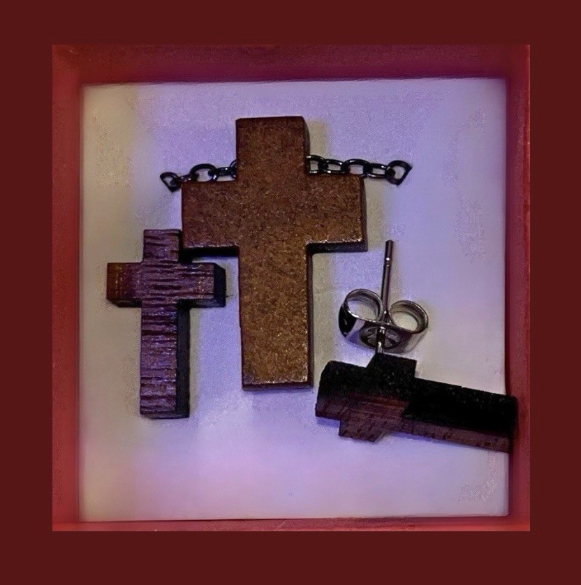 DEAL! Beautiful Walnut Wooden Brown Cross Necklace & Earrings Set + 2 FREE Gifts