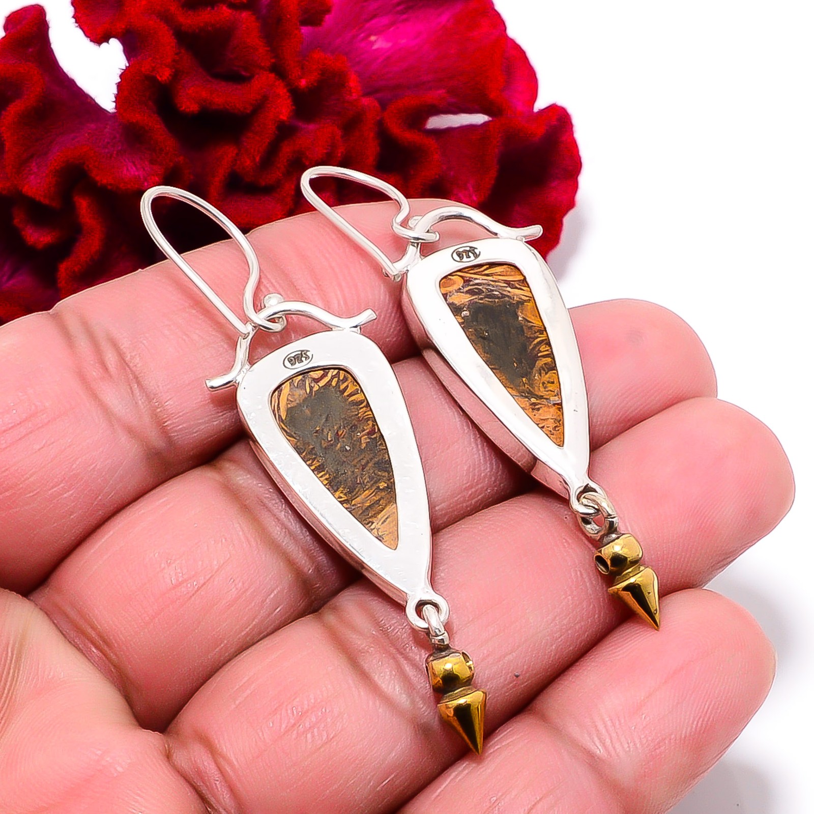 Natural Mariam Jasper 925 Sterling Silver Two Tone Arrow Head Earring 2.34″ E945