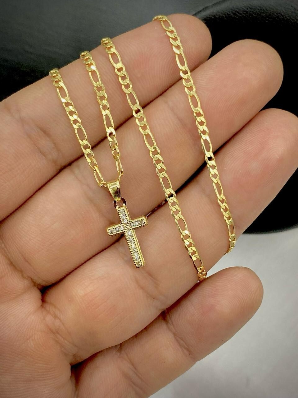 Men Women Cross CZ Pendant 14k Gold Filled Figaro Chain Necklace Baby Kids 17×10