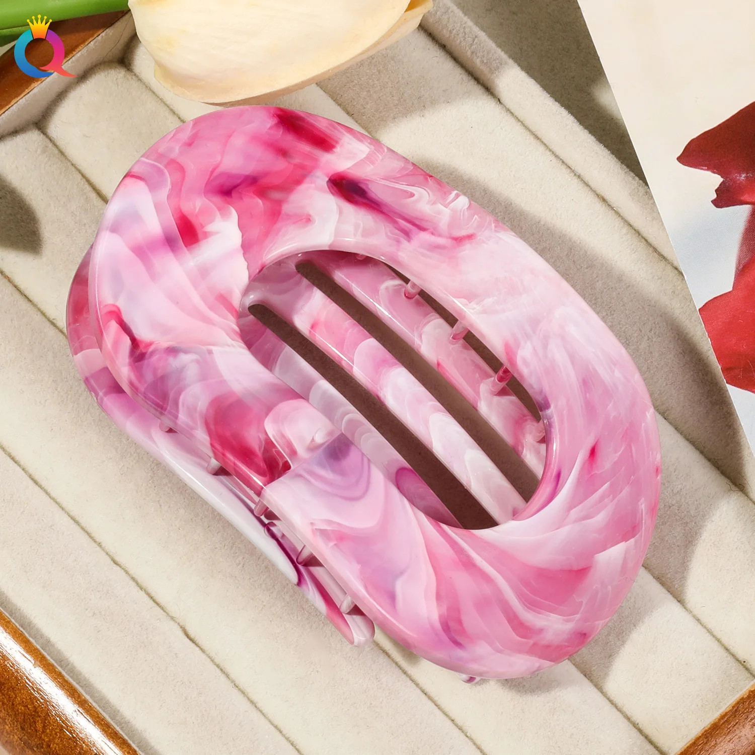 Oval Hair Claw Acrylic Marbling Flat Circular Grip Colorful Updo Women Headwear