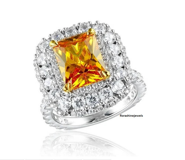 7.36CT Orange Yellow Citrine With Clear White CZ Fabulous 925 Silver Party Ring