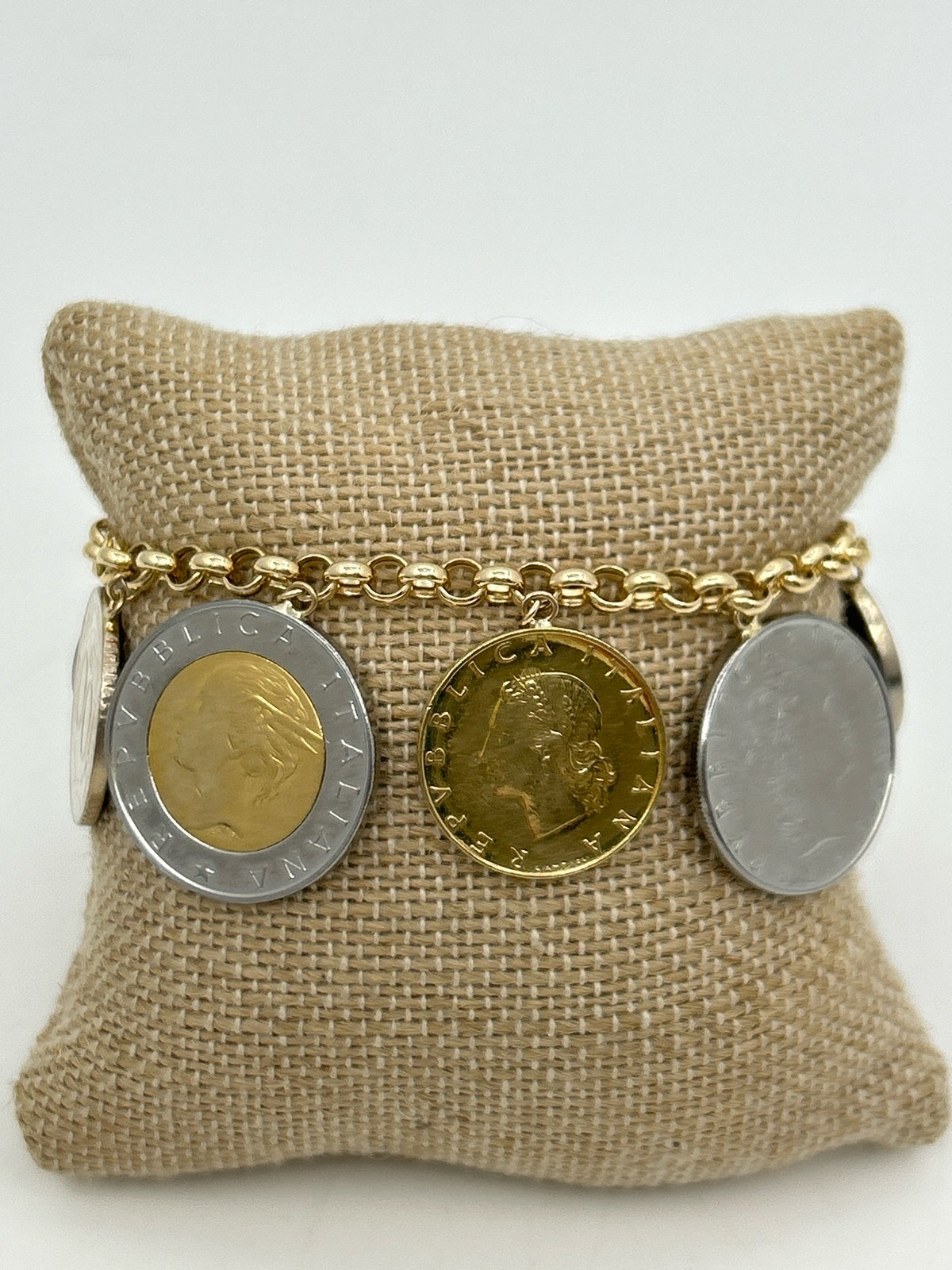 Vintage Milor Lira Coin 14K Gold Silver Charm 6.5″ Stamped Bracelet Made Italy