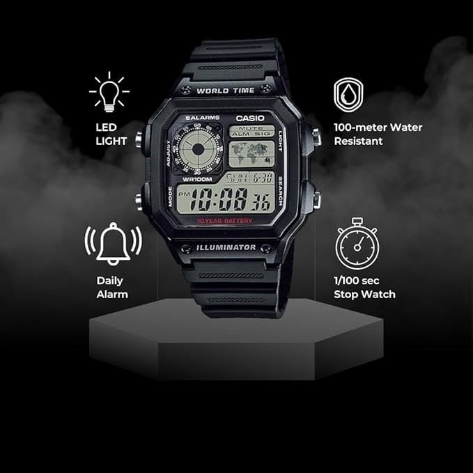 BRAND NEW BOXED CASIO MEN’S DIGITAL WATCH AE-1200WH-1AVCF 3299 100M WR ALARMS