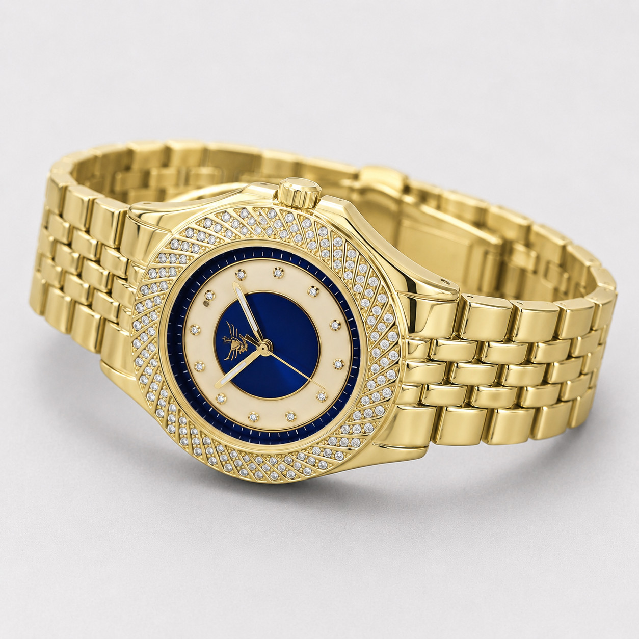 Mens Gold Tone Iced Out Quartz Watch Blue Dial Crystal Bezel Dress Watch 43mm