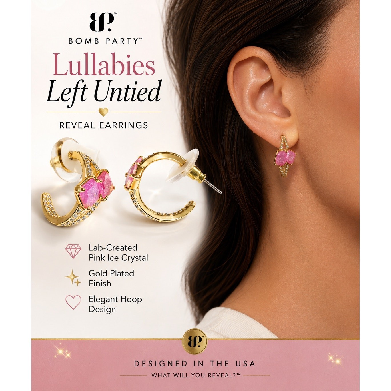 Bomb Party Pink Ice Crystal Hoop Earrings Gold Plated Elegant Sparkle