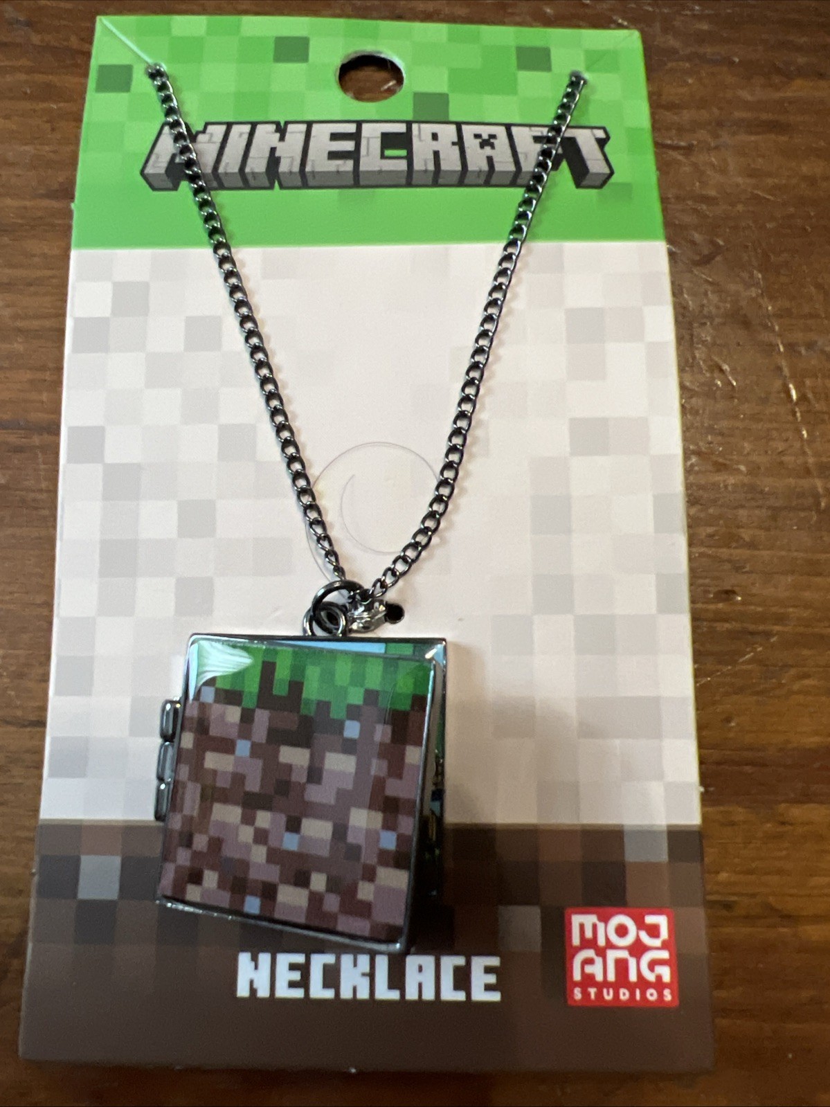 Minecraft Grass Block Locket Necklace Pendant Pixelated Silver Tone NWT