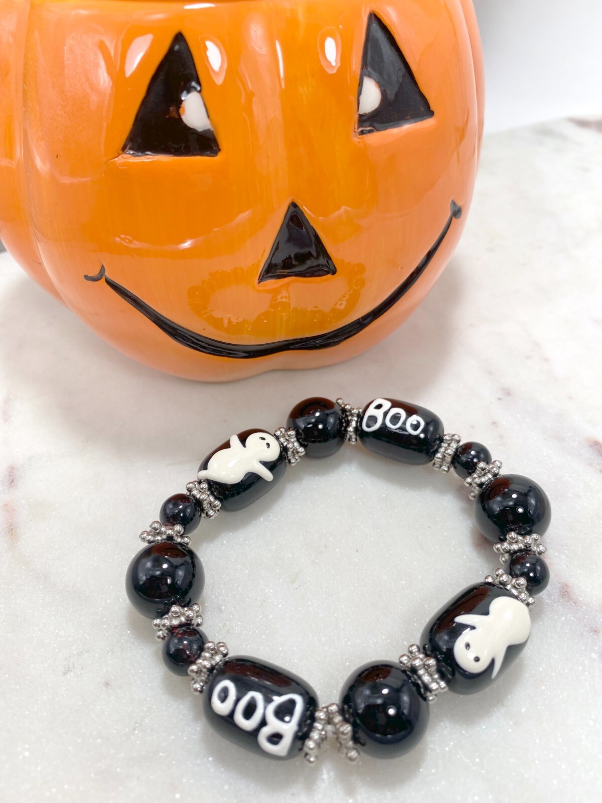 Halloween Bracelet Ghost Boo Black Unique Beaded Stretch Bracelet for Women