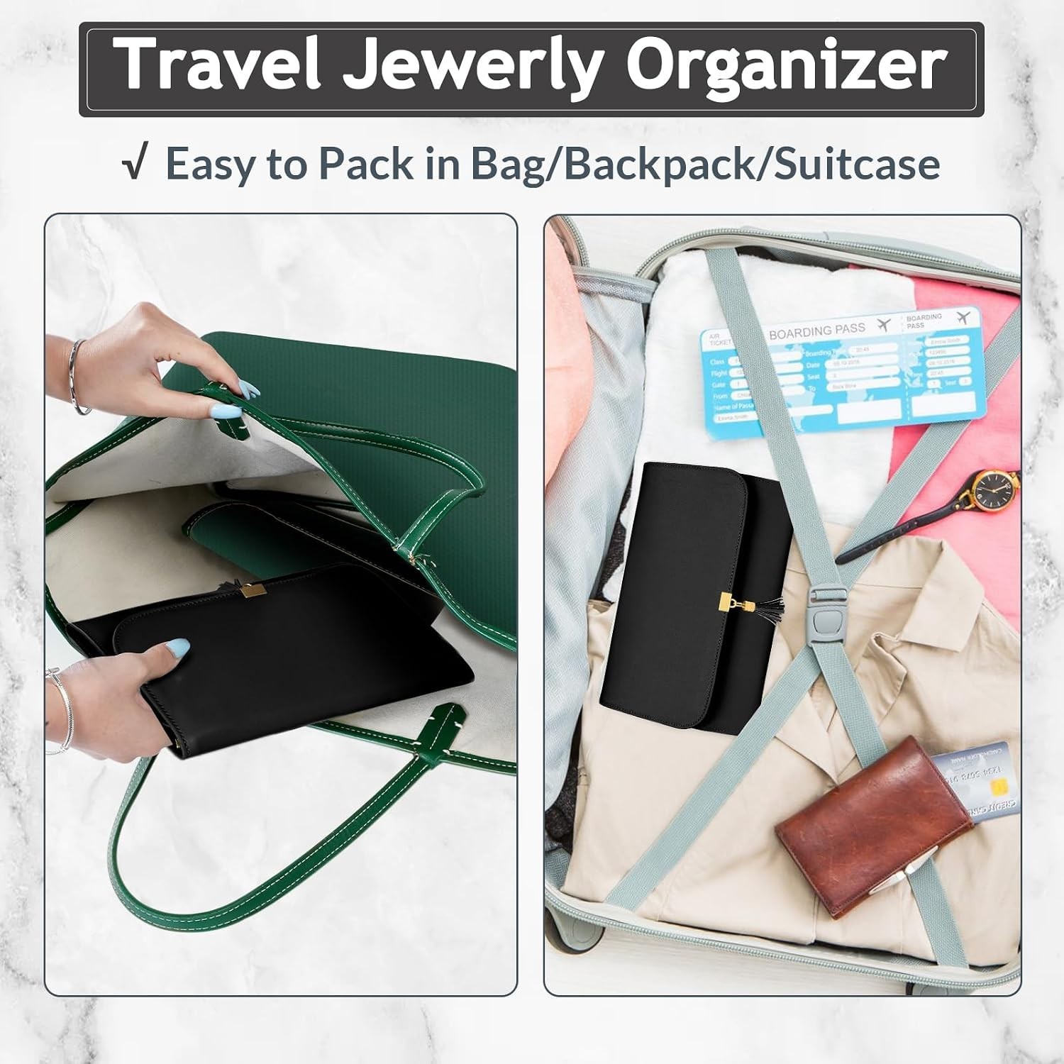 MATEIN Black Jewelry Travel Organizer – Large Vegan Leather Roll Bag with Clear