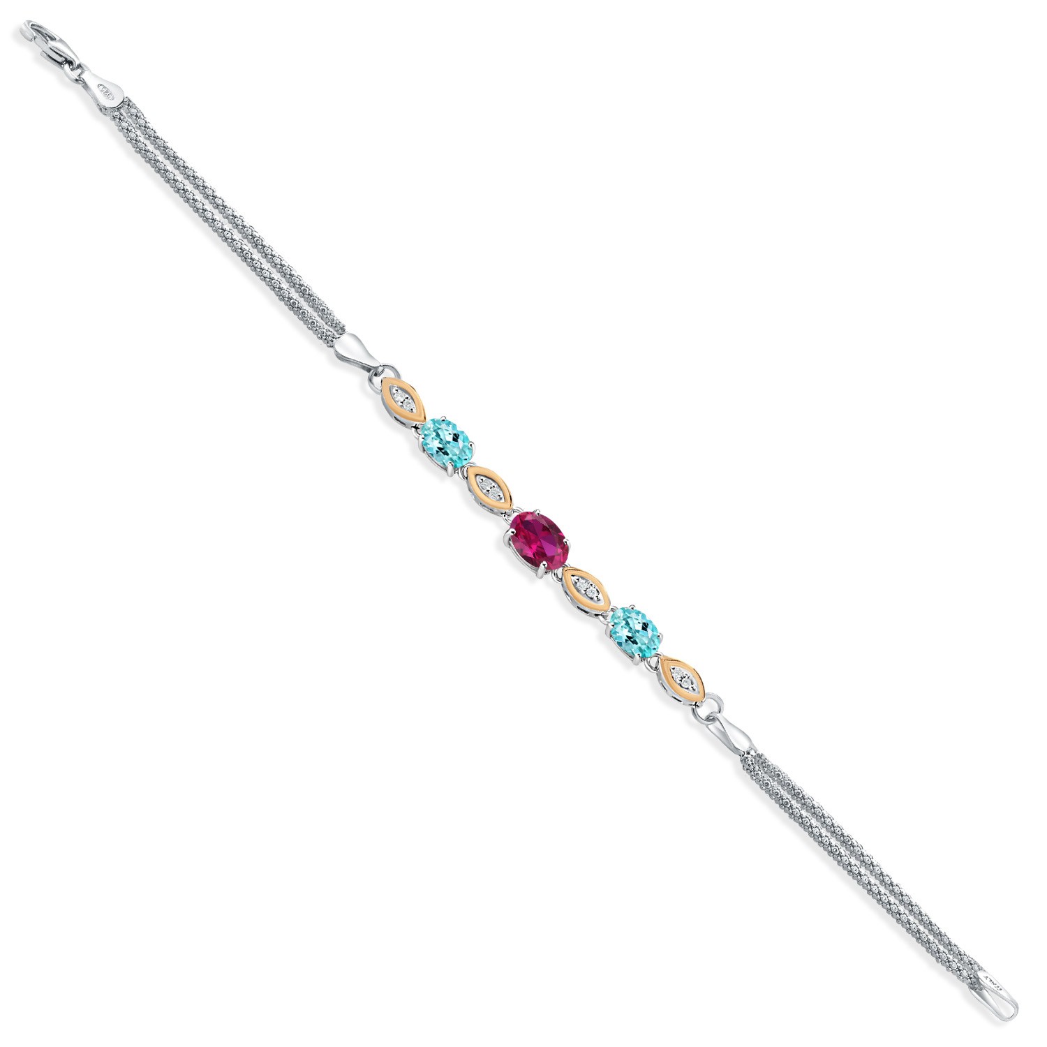 925 Silver and 10K Yellow Gold Created Ruby and Blue Apatite and White Lab