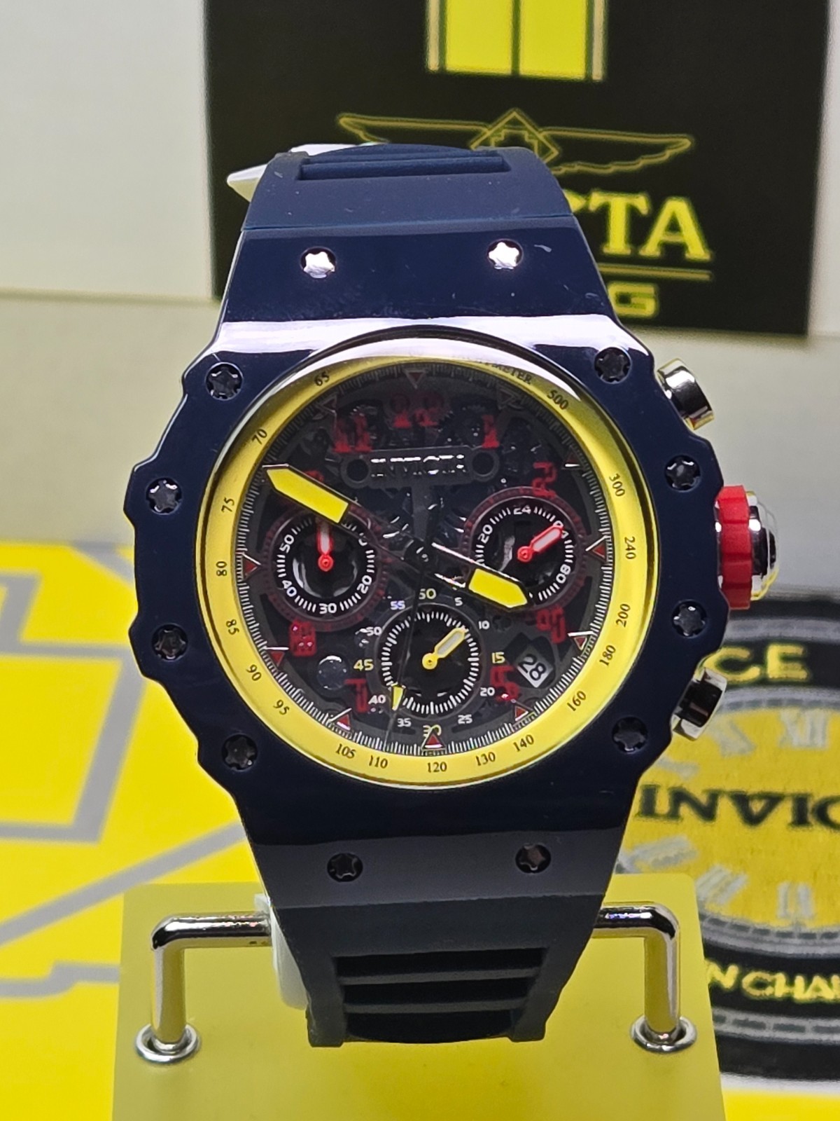 Invicta Racing Valyron Dark Blue/Yellow/Red 43.5mm Men’s Watch w/ Black Dial NEW