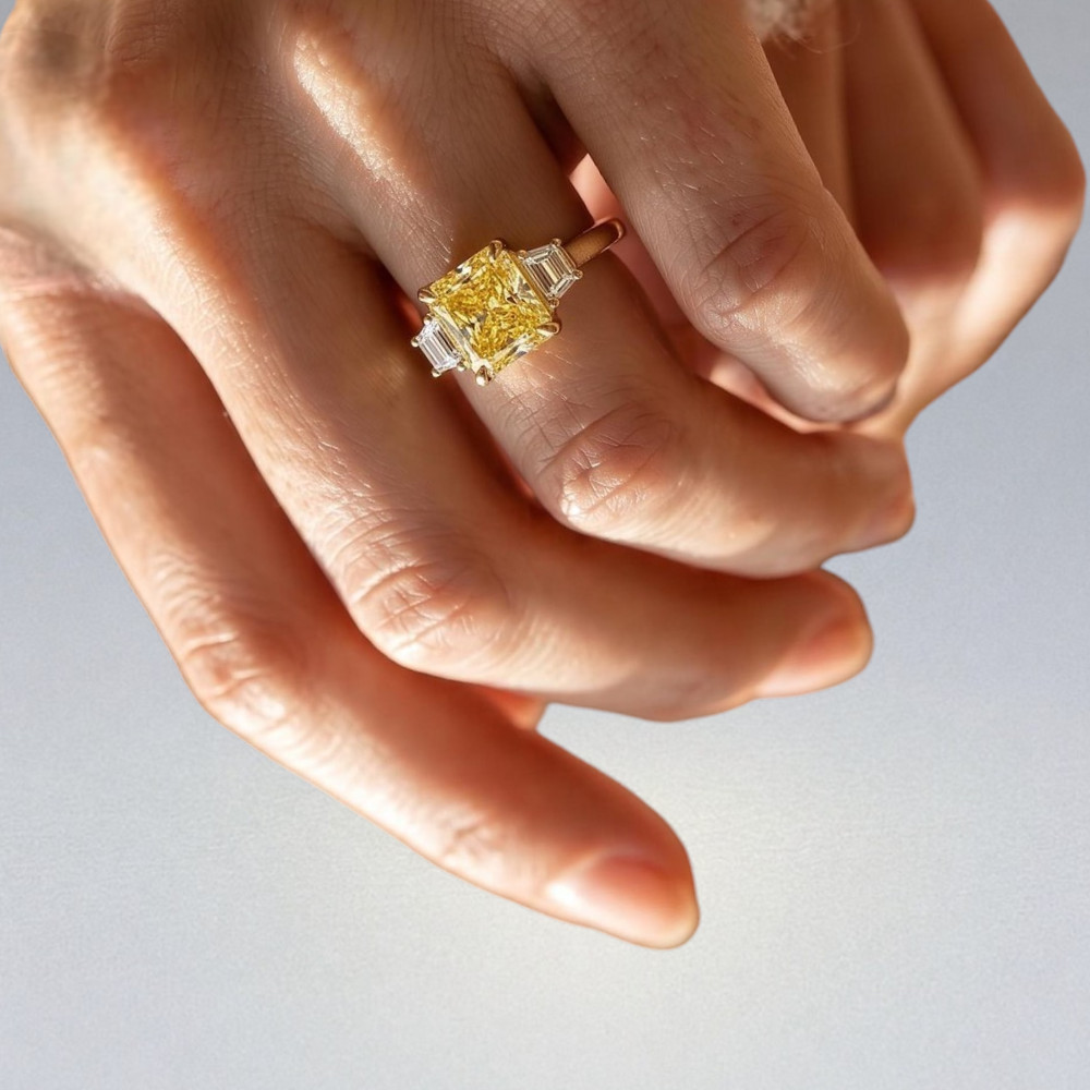 3.80 CT Radiant 14K Yellow Gold Diamond Ring Fancy Vivid Yellow IGI Lab Created