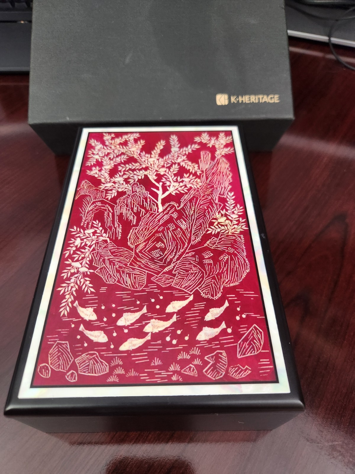 K-Heritage Mother of Pearl Jewelry Box: Korean Red Lacquerware with Original Box