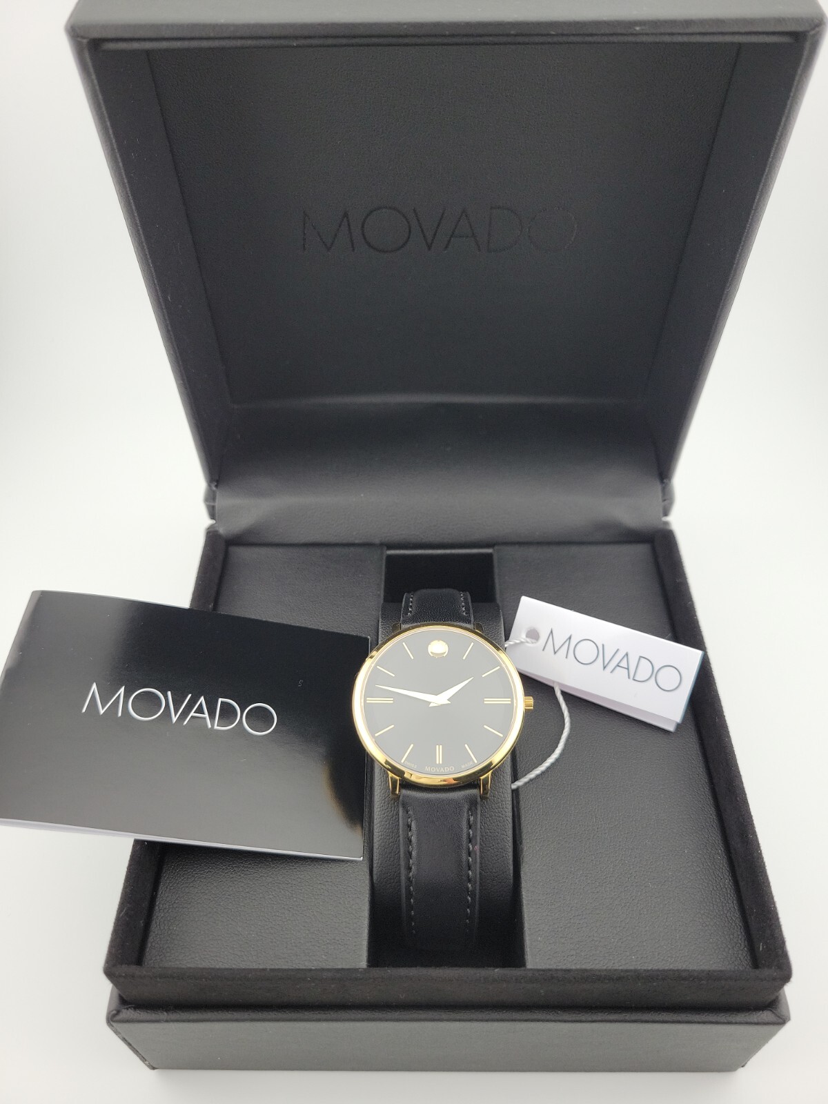 Movado Ultra Slim Women’s Gold Bezel Black Dial Watch – 0607091 ($795 MSRP)