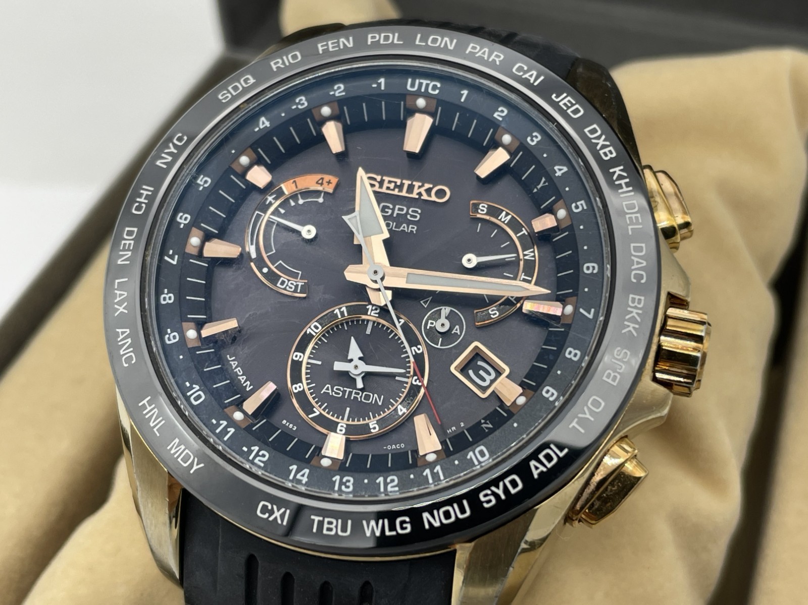 SEIKO ASTRON GPS Radio Wave Solar Men’s Watch Gold case 8X53-0AC0-2 Good coditio