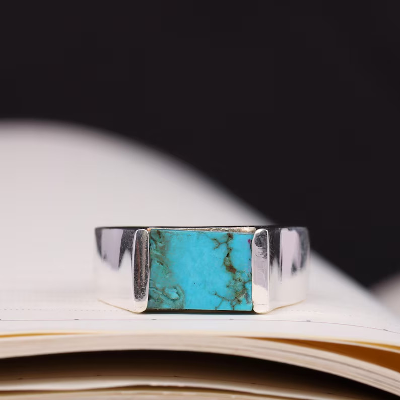 Handmade Rough Turquoise Gemstone Signet Ring: 925 Sterling Silver Men’s Ring
