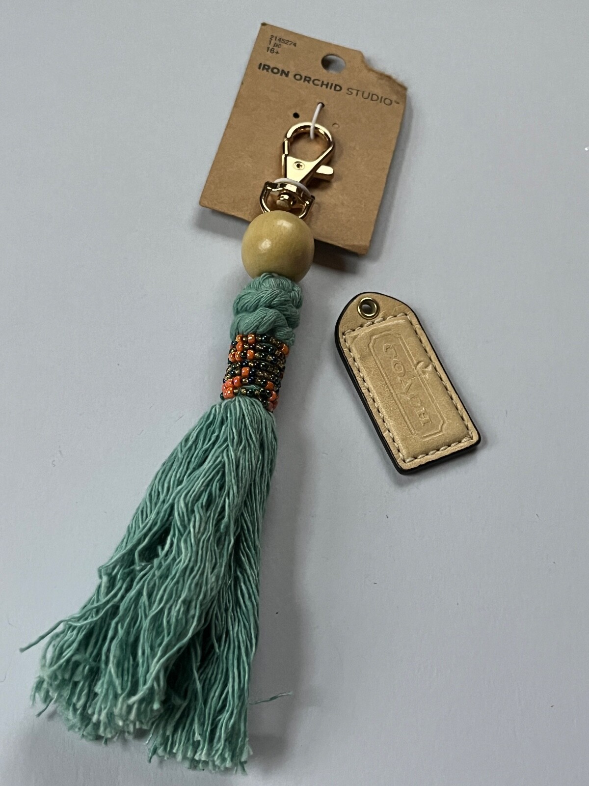 Lot of Iron Orchid Studio Blue Tassel w Orange Iridescent Beads Clip & Tan Leath
