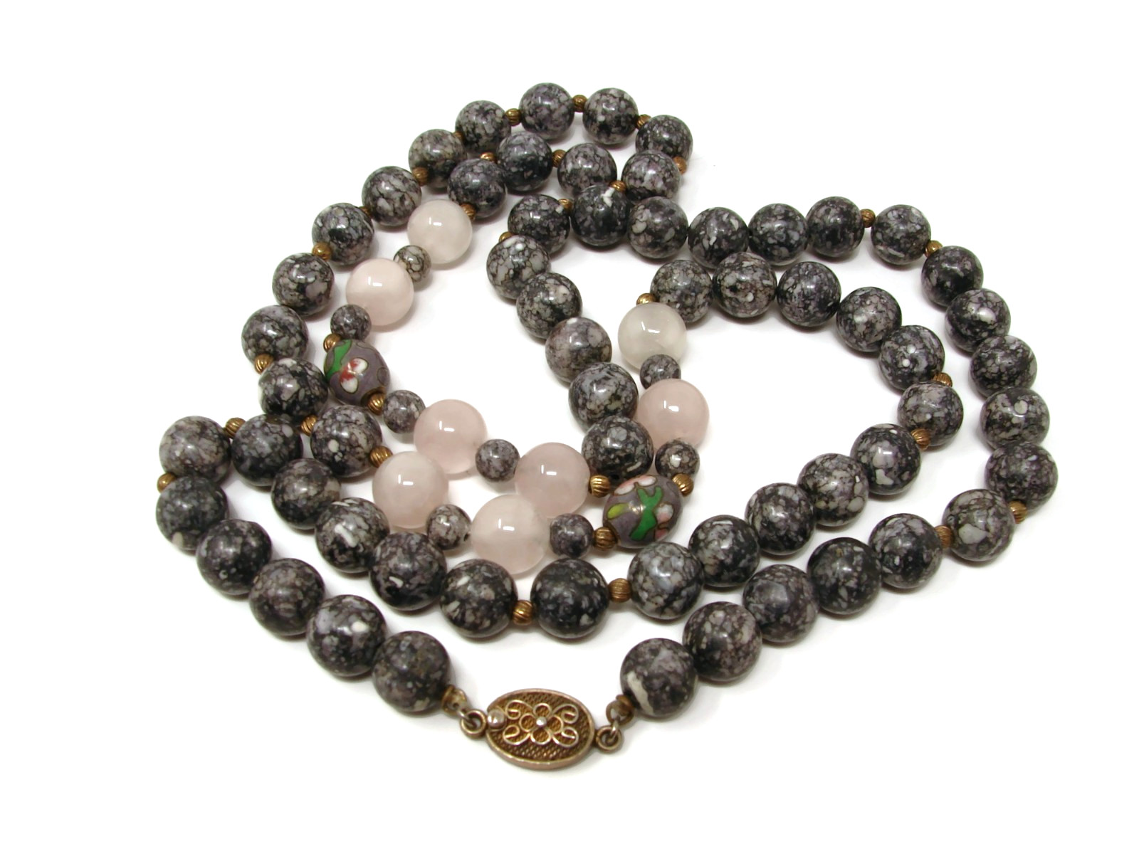 Vintage Chinese Export Rose Quartz Agate Cloisonee Bead Necklace Silver Clasp