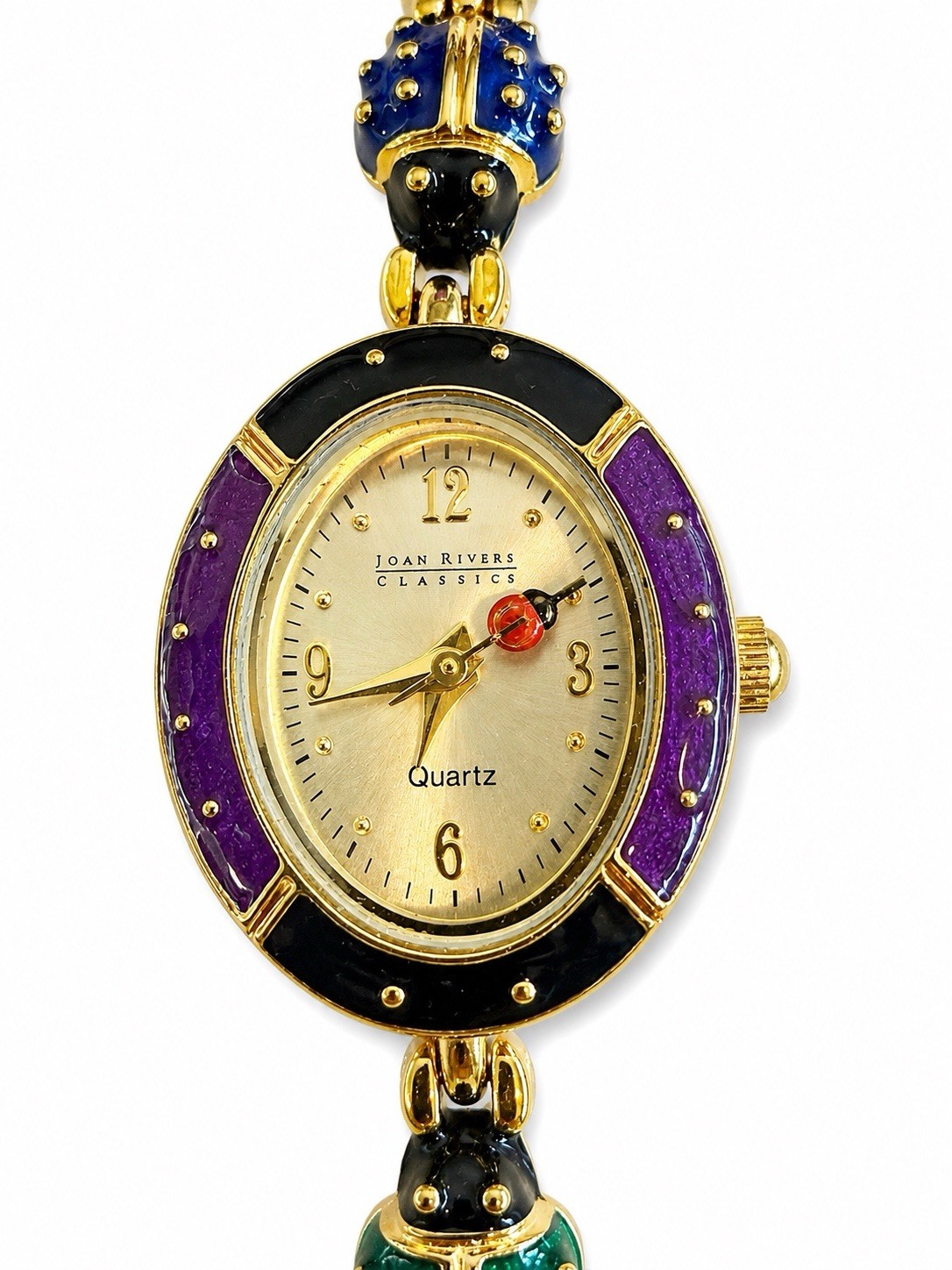 Vintage Joan Rivers Red Purple Green Enamel Ladybug Watch Gold Tone