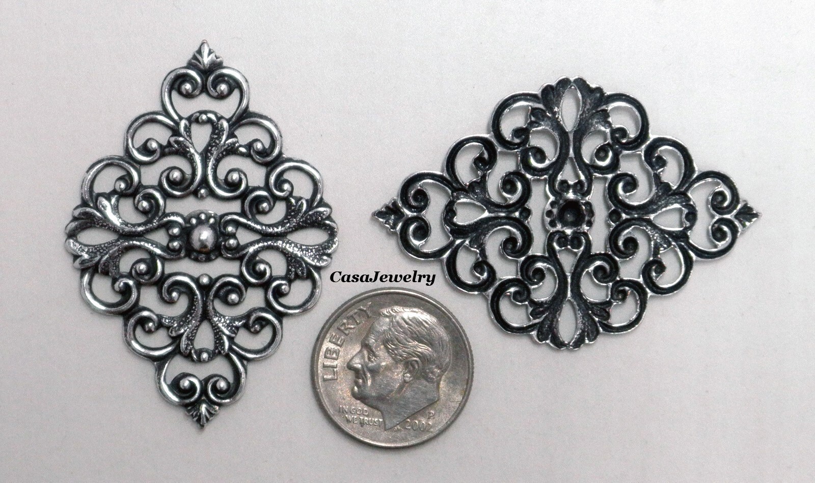 #3448 ANTIQUED STERLING SILVER PLATED OPEN FILIGREE COMPONENT – 2 Pc Lot