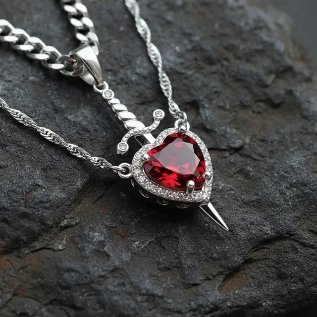 2Ct Heart Lab Created Ruby Valentine Only Dagger Pendant 14K White Gold Plated