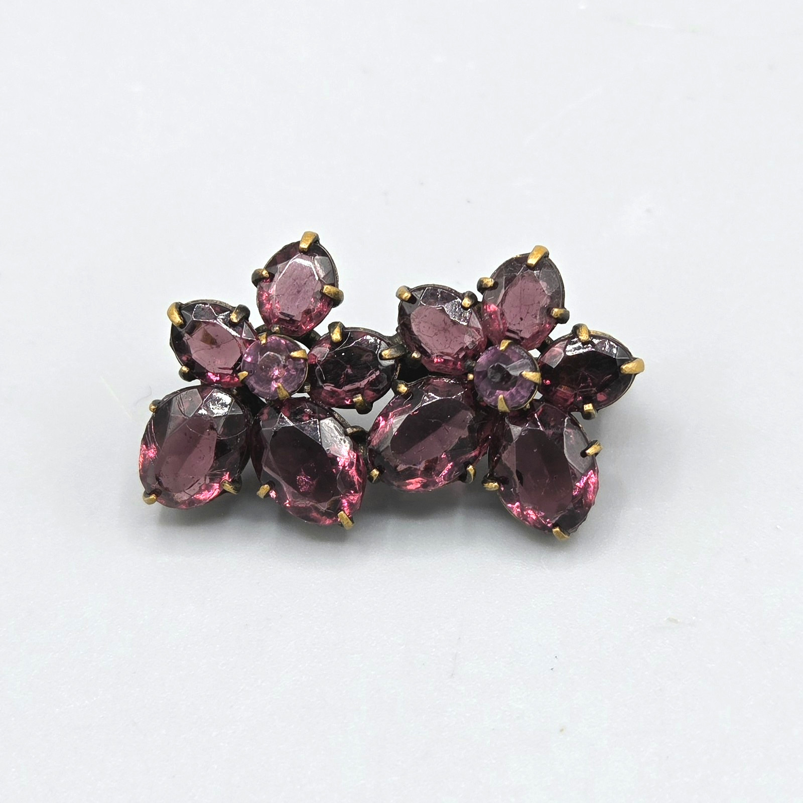 Dainty Art Deco Nouveau Czech Amethyst Purple Glass Paste Flower C Clasp Brooch