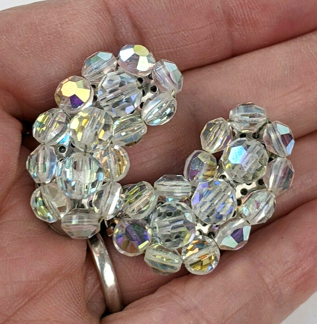 Cut Crystal AB Cluster Bead Earrings Vintage Climber Clips 1.5″ Tall Very Good