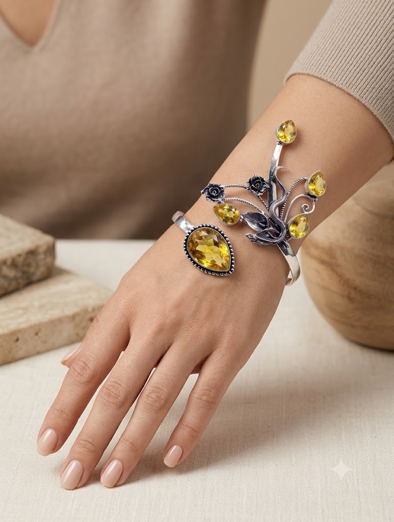 925 Sterling Silver Yellow Citrine Gemstone Jewelry Statement Cuff Bracelet ADJ