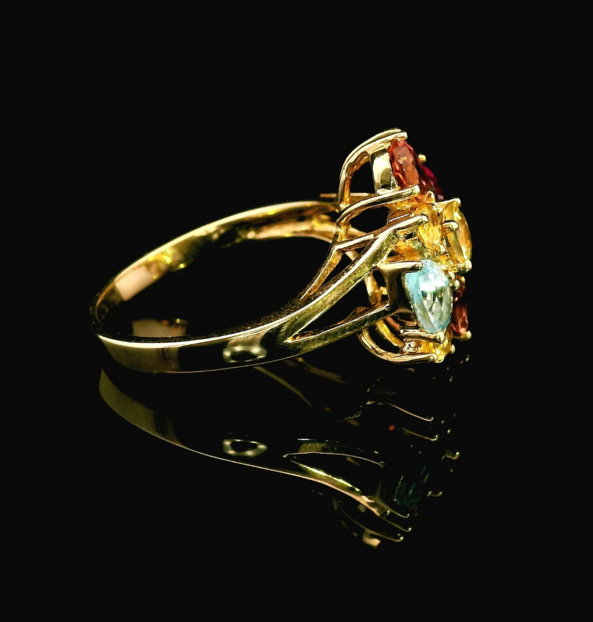 9ct Yellow Gold Ring Amethyst Topaz Garnet Sapphire Multi Gemstone 3.8g Stamped