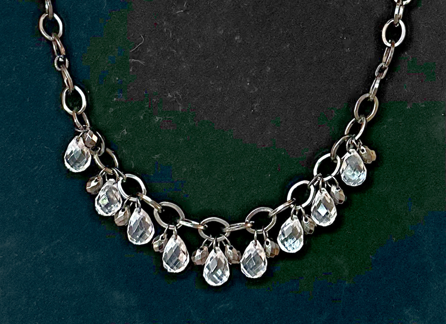 Crystal Teardrop Necklace Dangle Chain 18” Gun Metal Tone Chain Statement Chic