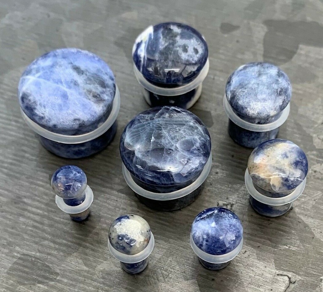 PAIR Single Flare Sodalite Stone Plugs Blue Organic Gauges Earlets Body Jewelry