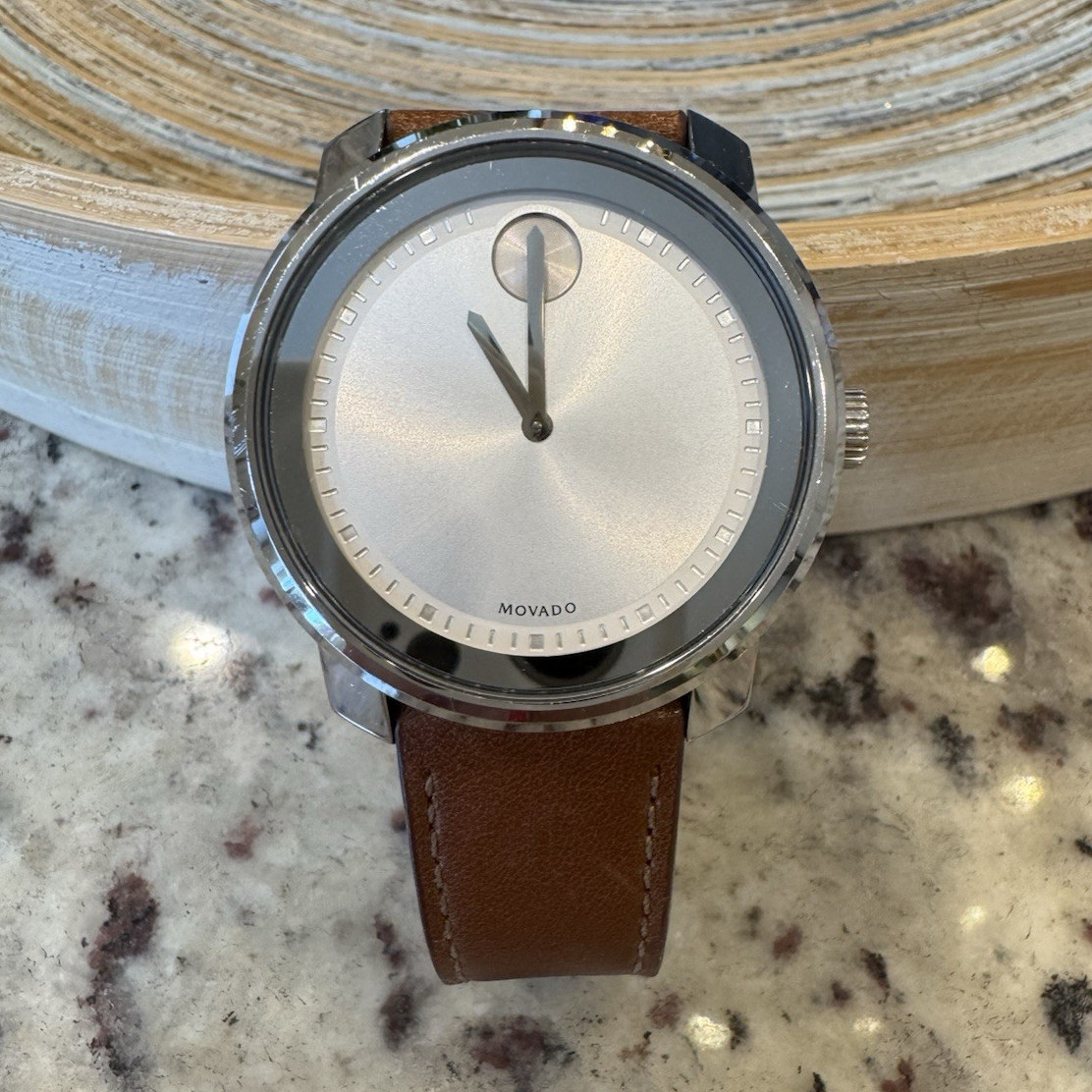 Movado Museum Analog Wristwatch Silver Dial/Case Brown Leather Two-Piece