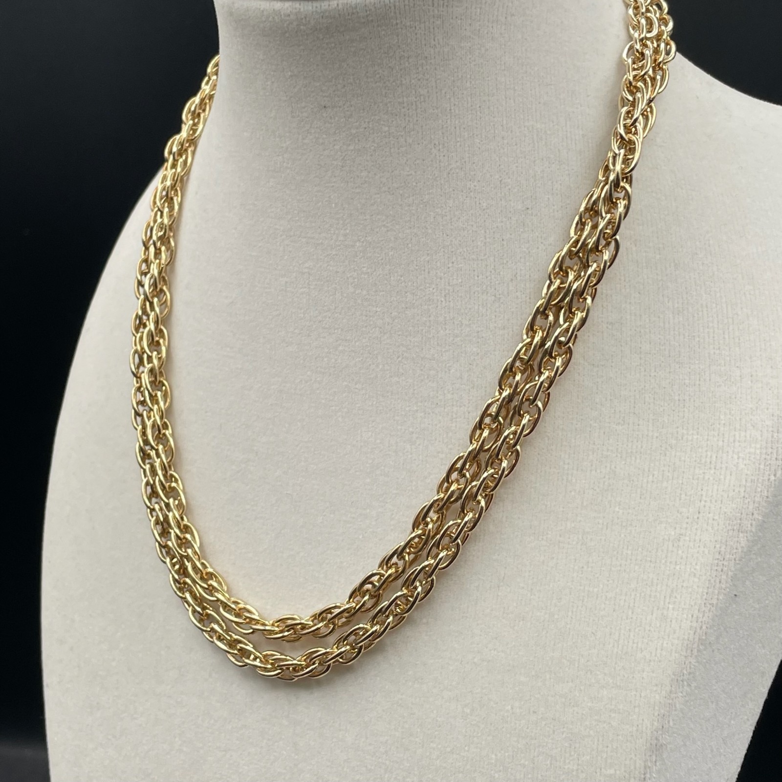 Vintage Gold-Tone Classic Braided Twist Chain Triple-Strand Push-Lock Necklace