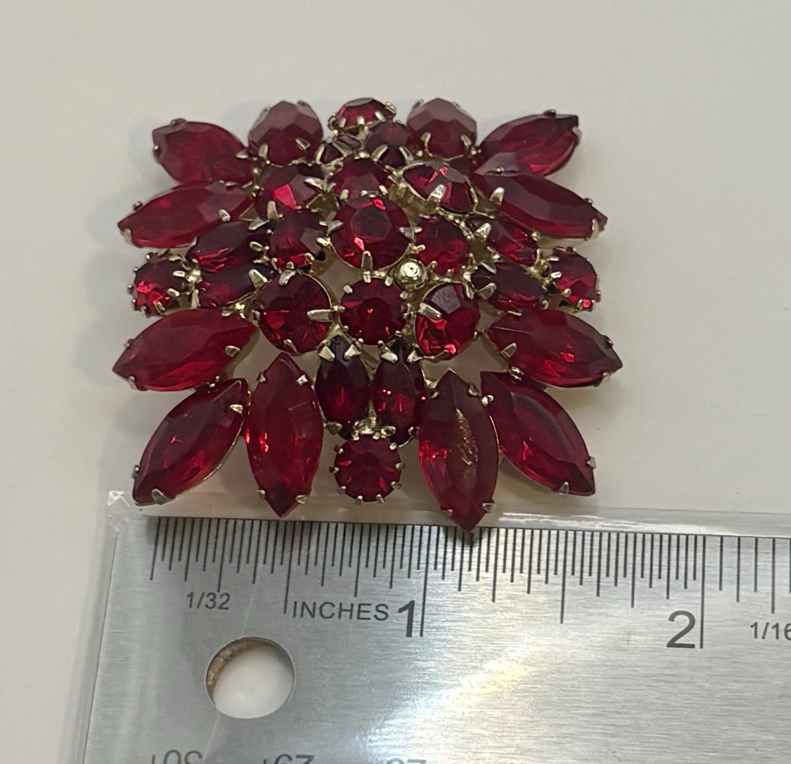 Vintage Ruby Red rhinestone Brooch Juliana Style Layered Red Crystal Gold Tone